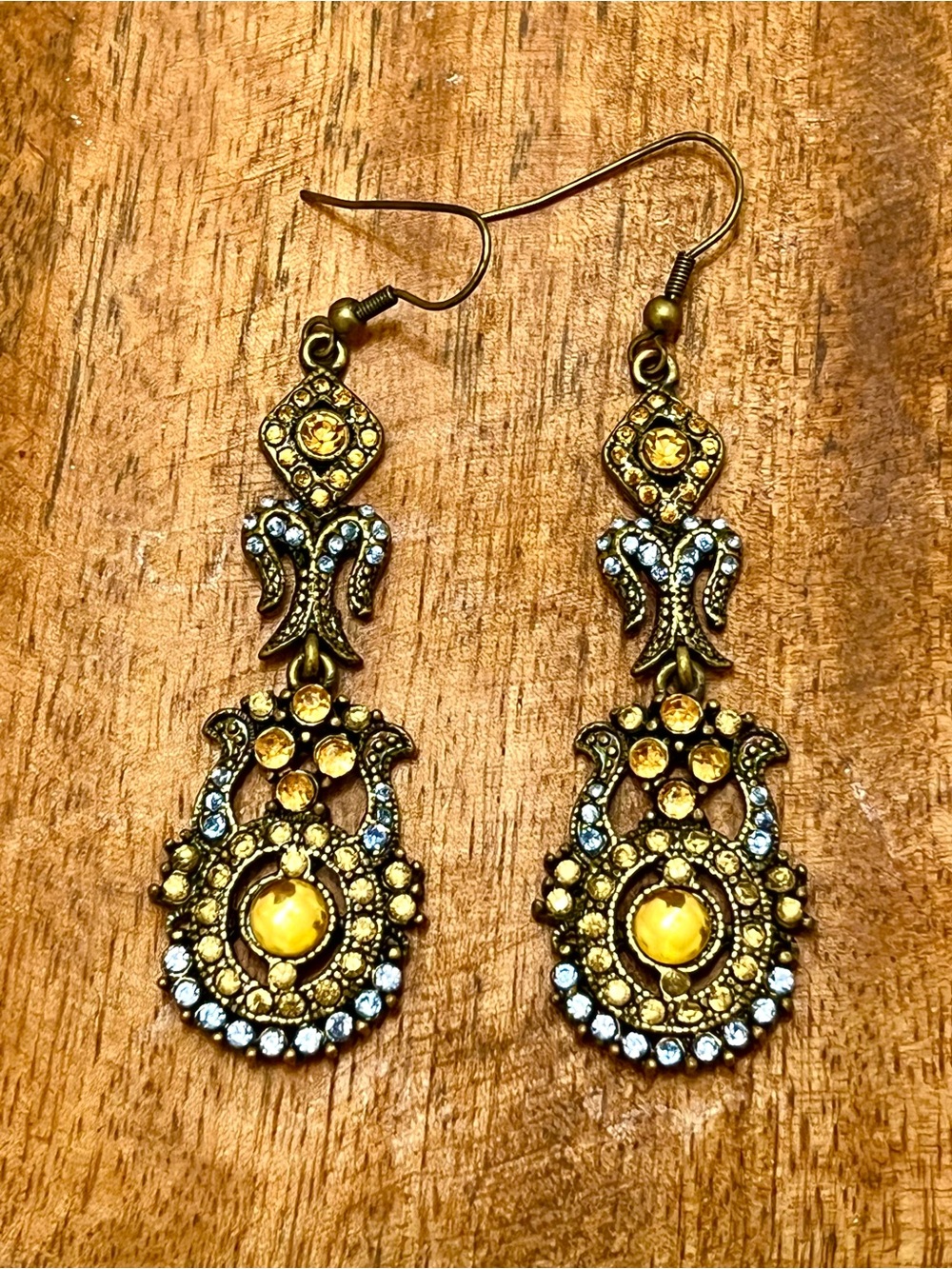 Vintage Chandelier Rhinestone Earrings Bronze Art Nouveau Jewelry Dangle Ornate